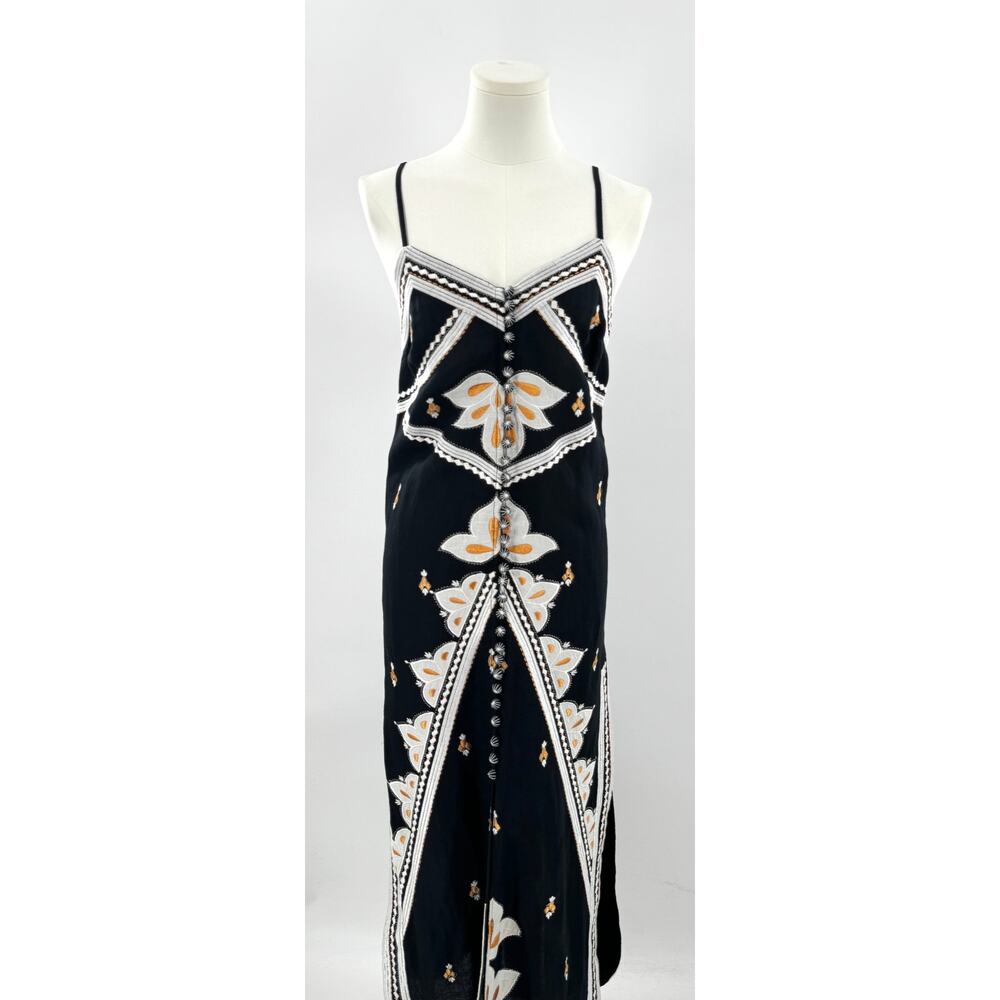 Scarlett Poppies Chloe Dress Black & White Embroidered Sheath Midi Linen XS